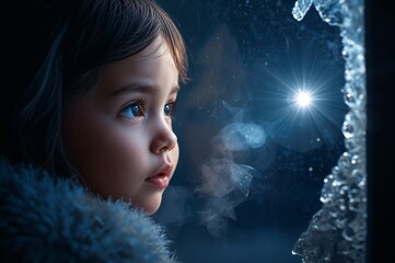 A little girl with big eyes stands by the window on a winter night, looking at a bright single star