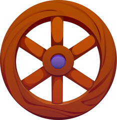 Obraz premium Cartoon wooden wagon wheel shaped like the letter O from a funny agriculture typeface, farm font, harvest type, funny English alphabet. Vector abc character features a rustic round form with spokes
