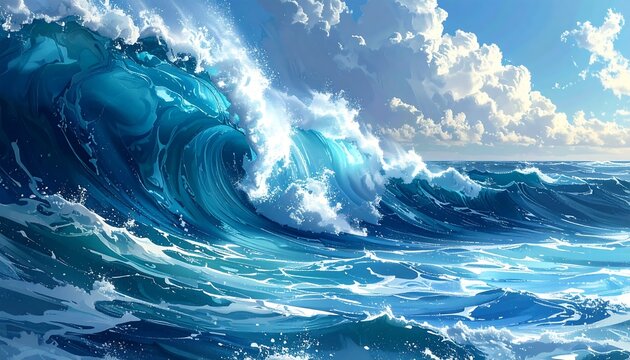 A dynamic depiction of ocean waves crashing under a sunny sky. The turquoise water and fluffy clouds create a sense of movement