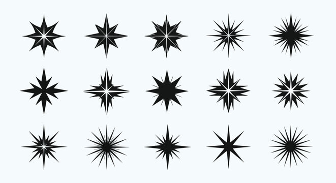 Versatile collection of starburst and sparkle icons, ideal for adding a dazzling, radiant, and shimmering effect to various graphic design projects and festive content