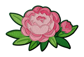 Pink peony flower embroidery patch illustration isolated on transparent background