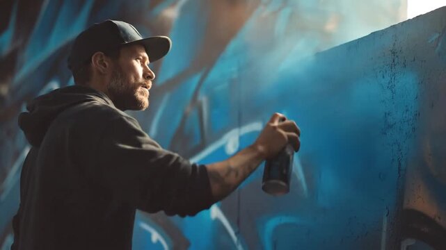 Man street artist making graffiti art wall blue spray paint. Contemporary urban culture concept creative expression, mural design. Graffitist aerosol can. Vandalism, protest concept. Vandal guy.