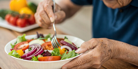 Elderly and eating vegetable salads for good health and choosing foods that are beneficial for the...