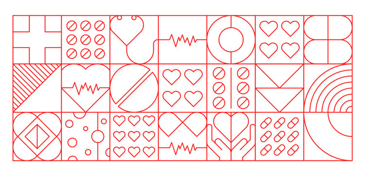 Heart health care and cardiology medicine geometric abstract pattern, vector background. Heart and cardio healthcare medicine pattern of abstract mosaic medical shapes of ECG, pills and heart pulse