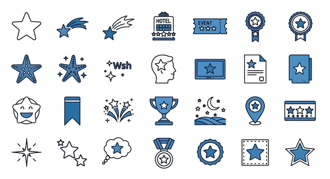 A comprehensive collection of star and award icons, symbolizing success, quality, recognition, wishes, and achievements, perfect for various design projects
