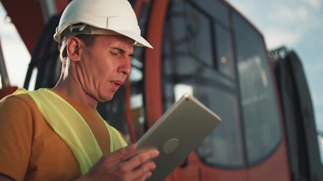 Worker checks tablet on construction site wearing hard hat and safety vest while inspecting crane and industrial equipment with focused expression engineer performing safety inspection and review