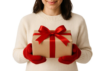 Girl in white sweater with a red ribbon gift box. Christmas. New Year.