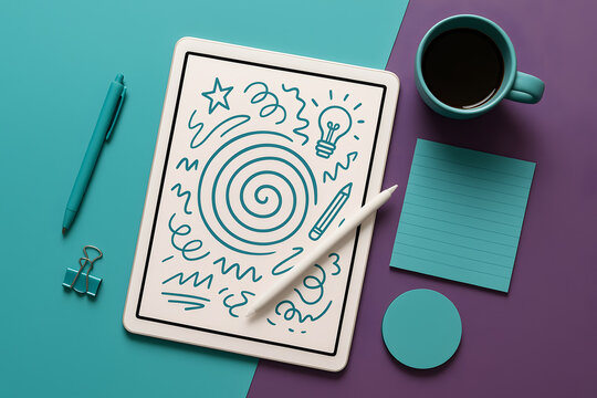 Digital Sketchpad with Teal Accents and Coffee Break on Purple