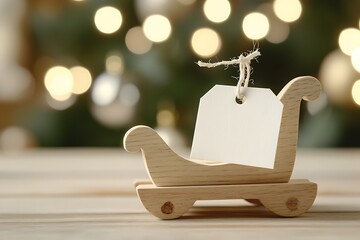 A tiny wooden sleigh carrying a jewellery piece beside a white empty note.