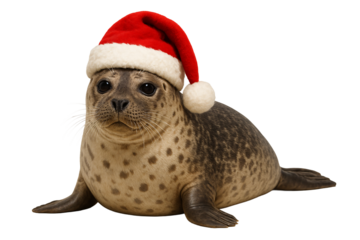 Seal in Santa hat. Christmas. Winter holidays. Cute marine animals.