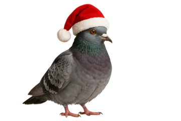 Pigeon in Santa hat. Winter holidays. Christmas. Urban wildlife.