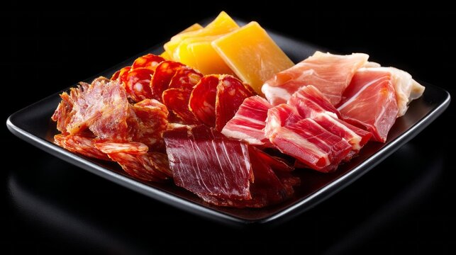 A vibrant selection of cured meats and cheeses showcases traditional Spanish tapas. Savory slices of jamon, chorizo, and cheese invite diners to indulge in authentic flavors