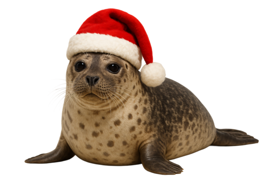 Seal in Santa hat. Christmas. Winter holidays. Cute marine animals.
