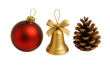 Golden bells and pine cones. Christmas decorations. Winter holidays.