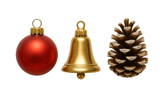 Christmas decorations — pine cone, bell, and red ball. Winter holidays. - Powered by Adobe