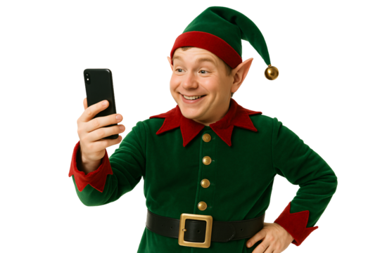 Christmas elf smiling. Winter holidays. Santa’s helper.