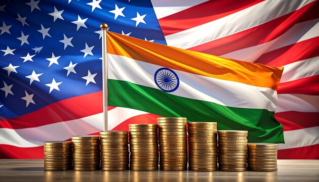 Indian flag over gold coins & US flag backdrop. Economic connection, collaboration concept