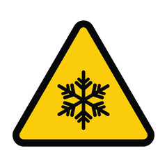 Warning sign: A black snowflake icon centered in a yellow triangle with a thick black border. This vector symbol warns of ice, frost, low temperature, or freezing road conditions. Bold, high-contrast  © bibin