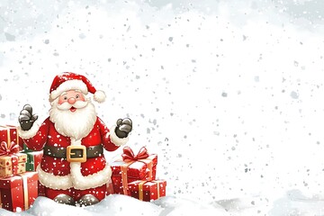 A snowy white scene showing cartoon Santa beside a blank letter.