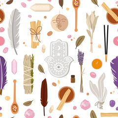 Seamless boho spiritual pattern with crystals, feathers, herbs, hamsa hand, candles, and incense. Mystical flat vector design perfect for fabric, wrapping paper, or holistic decor themes.