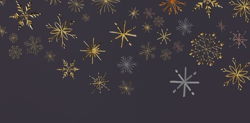 Christmas background with golden snowflakes on a dark backdrop, perfect for winter holiday greeting cards, posters or website design.