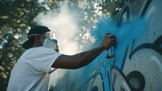 African american man in gas mask spraying black paint with aerosol can. Graffitist artist drawing on wall creating street graffiti art. Vandalism or protest concept. Vandal guy.