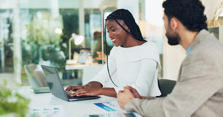 Obraz premium Business, meeting and woman with research on laptop for finance report, investment pitch or sales. Financial management, team and tech with graphs for funding proposal or performance review in office