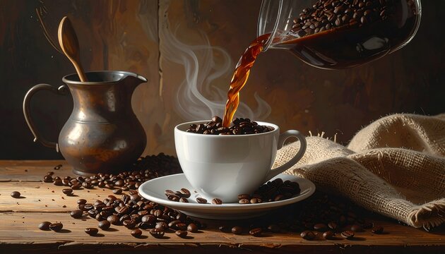 A cup overflows with coffee beans as fresh brew pours in. Warm tones, steam, & burlap create a cozy rustic feel