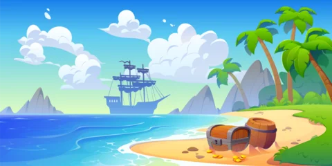Poster Piraten Pirate ship silhouette and treasures on beach sand. Cartoon vector fantasy adventure scene with tropical island landscape with treasure chest, golden coins, palm trees, ocean waves and ship on horizon  © Vector Tradition