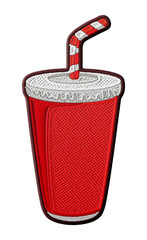 Stylized drink cup with straw embroidery patch illustration isolated on transparent background