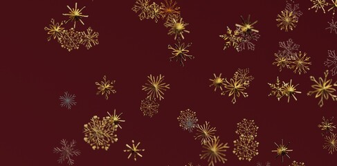 Festive abstract background with golden snowflakes on a rich red backdrop. Perfect for Christmas, New Year, or winter holiday designs. Use for c