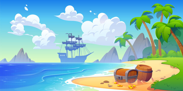 Pirate ship silhouette and treasures on beach sand. Cartoon vector fantasy adventure scene with tropical island landscape with treasure chest, golden coins, palm trees, ocean waves and ship on horizon