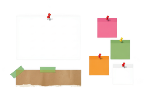 Collection of paper notes isolated on transparent background