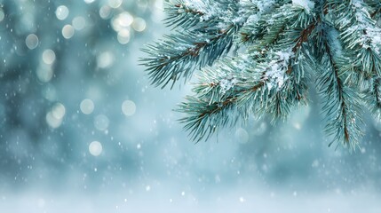 Close-up of snow-covered fir branch with falling snowflakes on icy blue background, fresh winter nature scene for Christmas and holiday design