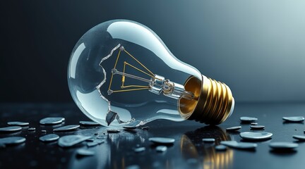 Broken light bulb with shattered glass fragments on dark surface