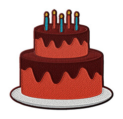 Stylized birthday cake embroidery patch illustration isolated on transparent background