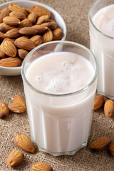 A delightful display of natural ingredients, featuring creamy almond milk in vessels alongside a generous pile of roasted almonds
