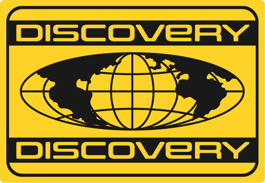 Planet discovery globe Y2K funky sticker or symbol. Planet groovy Y2K vector sphere patch, Earth terrestrial sphere sticker. World globus tag with black oval globe and typography on yellow background