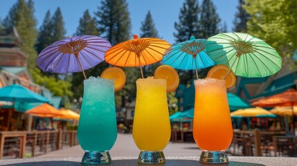 Sparkling drinks in vibrant colors sit on a bright sunny patio, adorned with cheerful umbrellas and surrounded by lush greenery, capturing a festive and relaxing atmosphere