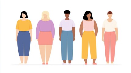 Obraz premium Group of diverse women standing together, showcasing various body types and styles, representing empowerment, confidence, and inclusivity in a vibrant, modern illustration