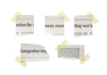 Five pieces of newspaper isolated on transparent background