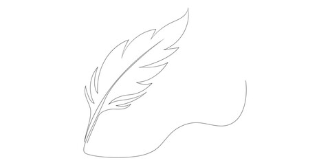 Continuous one line drawing of bird feather quill pen, minimalist symbol of writing poetry and literature, elegant contour for logo tattoo or stationery design outline stroke vector illustration
