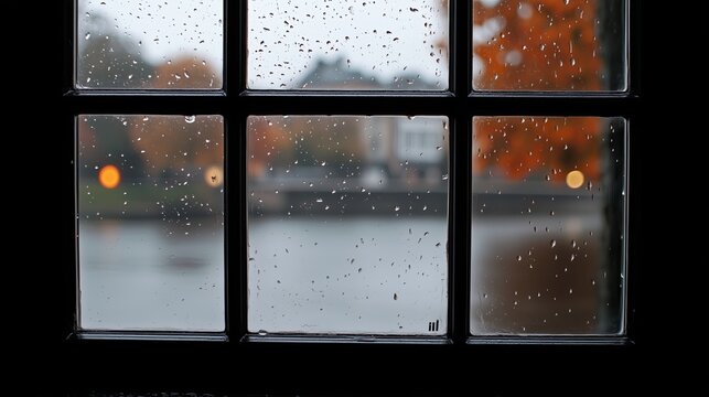 Rainy day view from a window with autumn colors outside