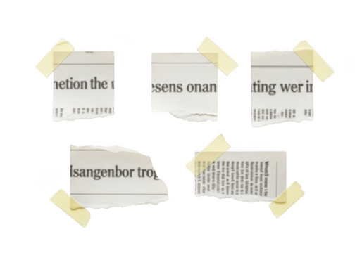 Five pieces of newspaper isolated on transparent background