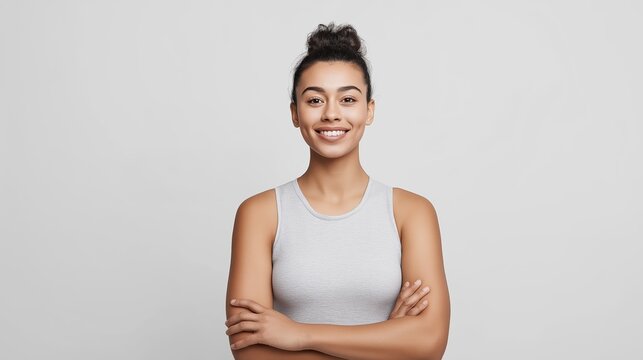 Smiling woman with dark hair in a bun, wearing a gray tank top, stands confidently with arms crossed against a light background, showcasing a positive and approachable demeanor