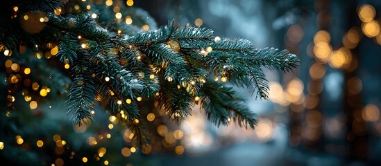 Beautiful evergreen branch with warm glowing Christmas lights in snowy forest, cozy winter night atmosphere, festive holiday background