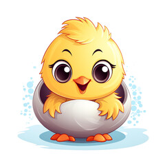 Obraz premium A cute, cartoon chick hatching from an egg, radiating joy and warmth, perfect for spring or Easter themes.