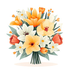 A vibrant bouquet of mixed flowers featuring tulips, lilies, and daisies in cheerful colors, perfect for any occasion.