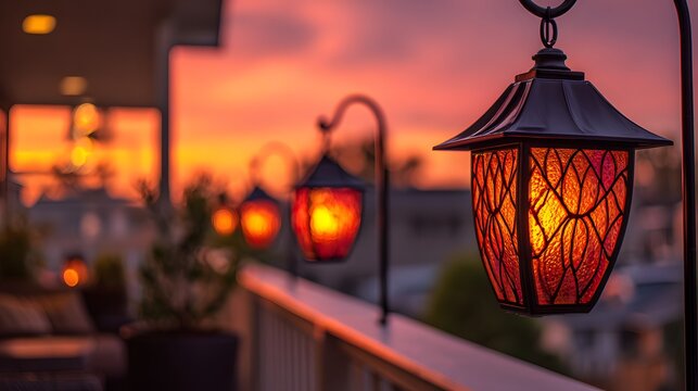 Illuminated lanterns glow against a vibrant sunset casting a warm light on a tranquil outdoor scene - Powered by Adobe