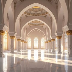 Fototapeta premium Interior view of a mosque with arches and sunlight
